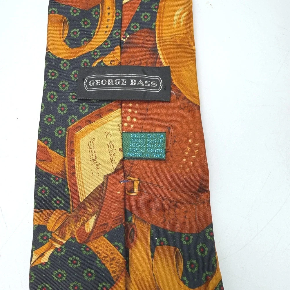 Vintage George Bass Silk Tie Mens OS Equestrian Leather Western Dark Academia